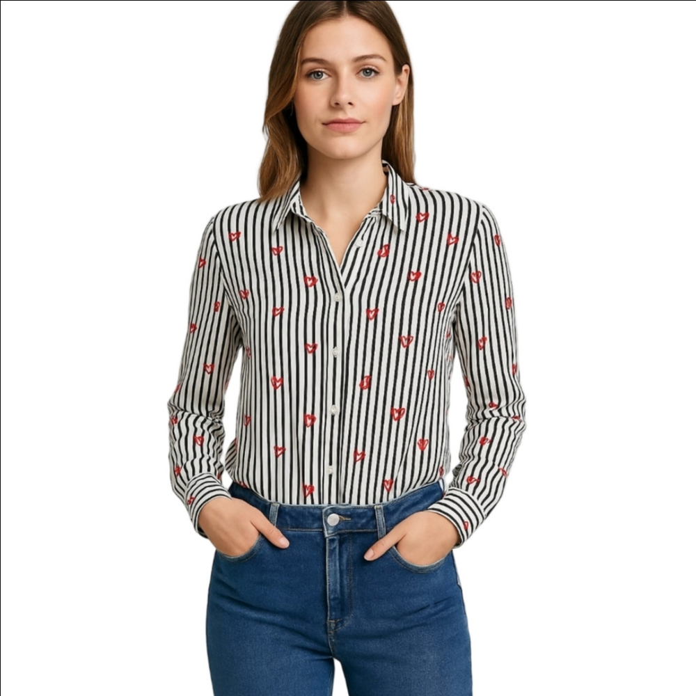 NWOT Jane & Delancey Striped Button-Up Blouse with Embroidered Hearts, Size L